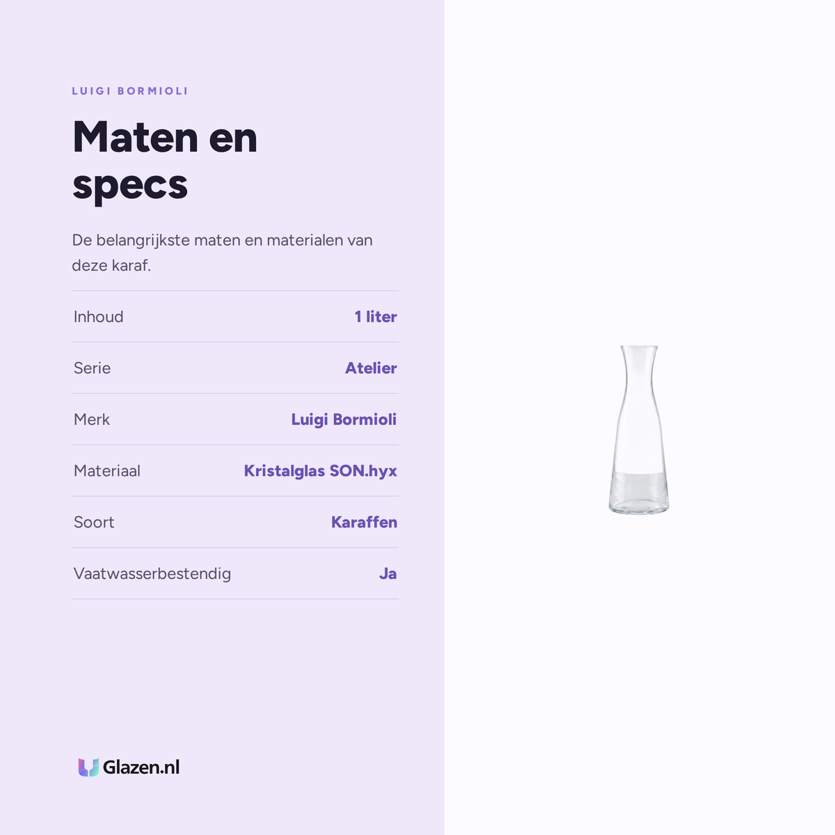 Infographic met de maten en specificaties van Luigi Bormioli Atelier Karaf 1 Liter