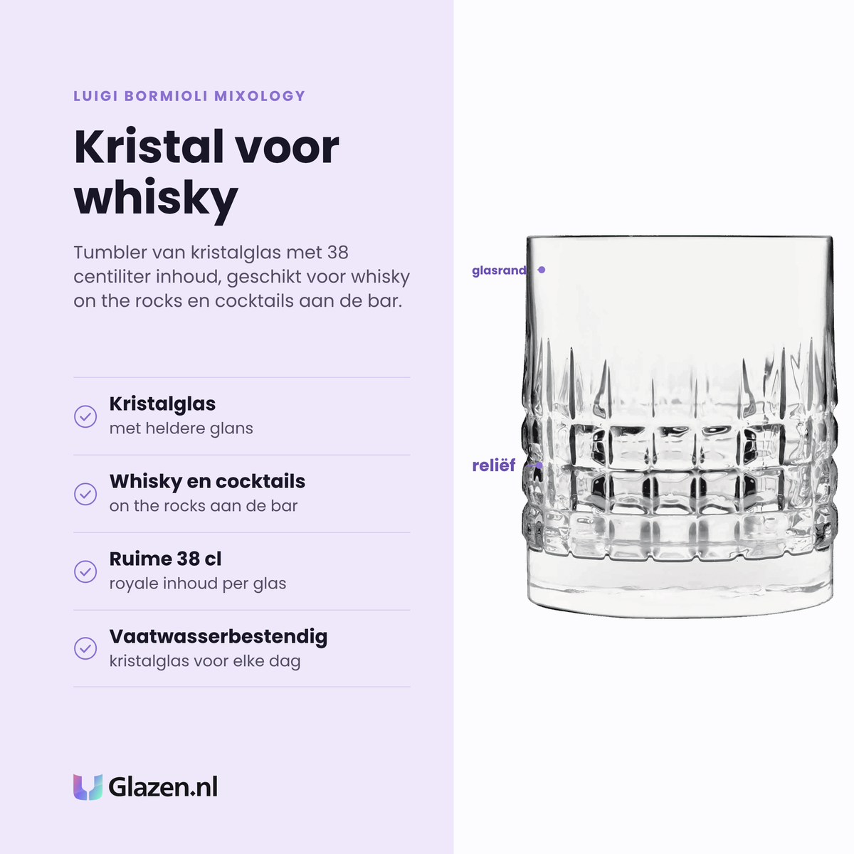 Luigi Bormioli Mixology Charme tumbler 38 cl eigenschappen: kristalglas met heldere glans, voor whisky en cocktails, ruime inhoud, vaatwasserbestendig