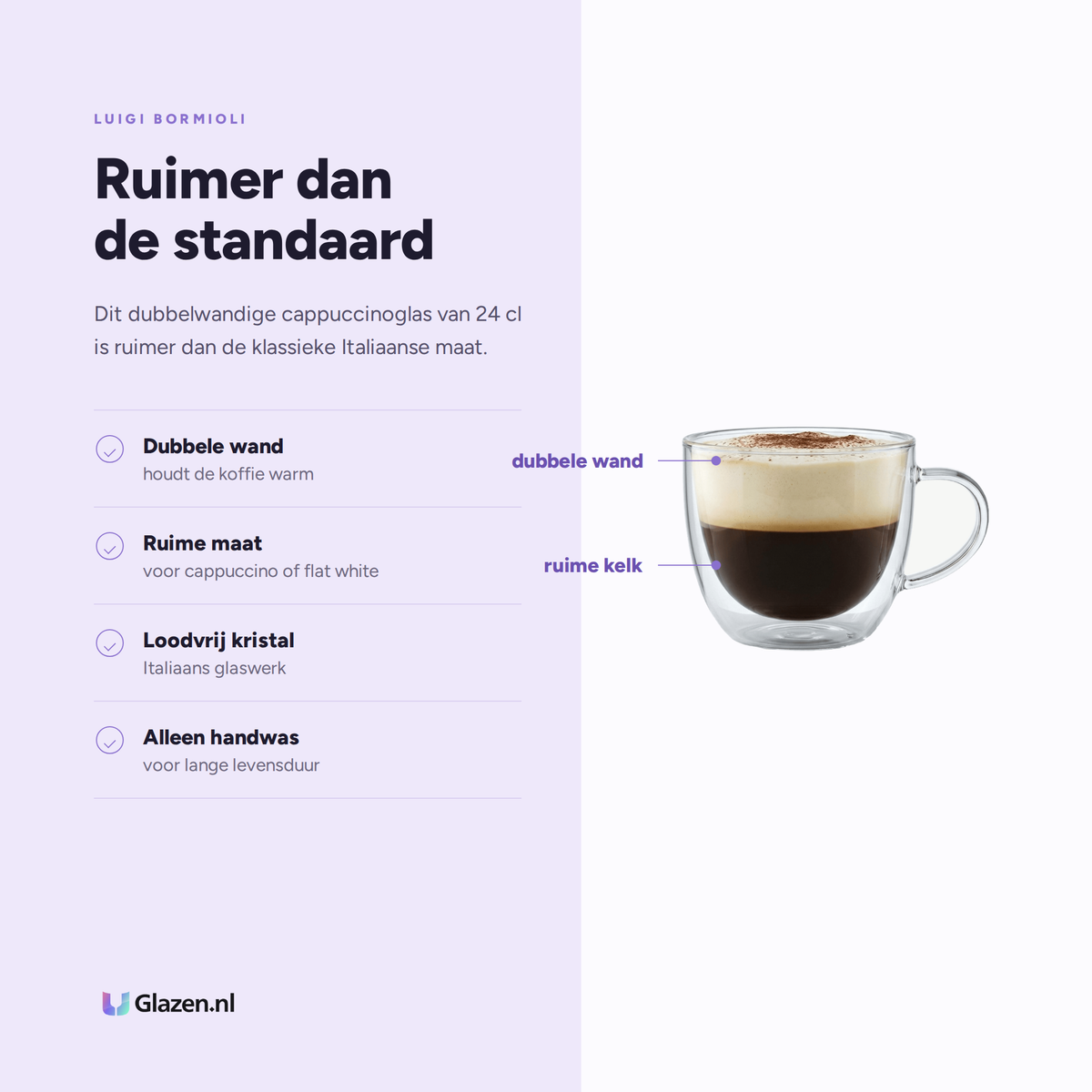 Eigenschappen van Luigi Bormioli Thermic Glass Cappuccinoglas 24 Cl Sublime Cappuccino