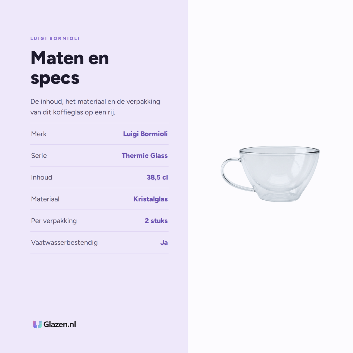 Maten en specs van Luigi Bormioli Thermic Glass Koffieglas 38,5 Cl - 2 Stuks