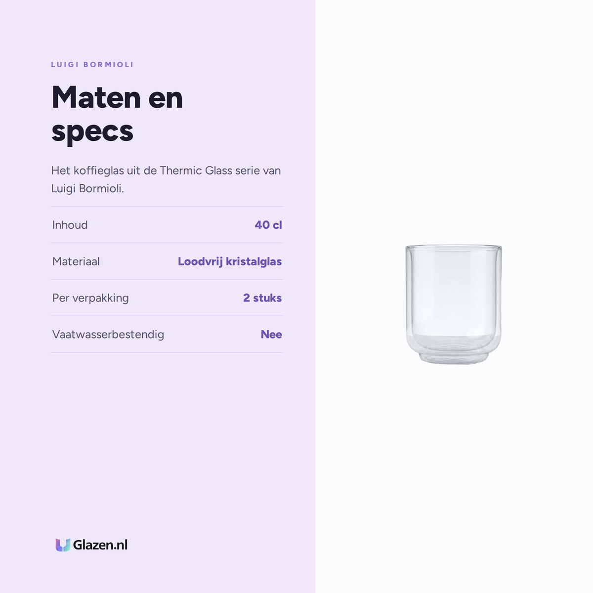 Maten en specs van Luigi Bormioli Thermic Glass Koffieglas 40 Cl Sublime D.O.F.