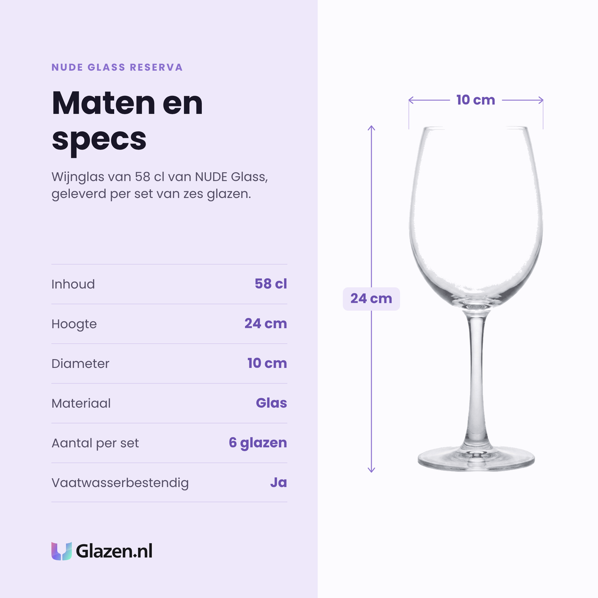 Nude Glass Reserva wijnglas 58 cl specificaties: inhoud 58 cl, hoogte 24 cm, diameter 10 cm, glas, set van 6