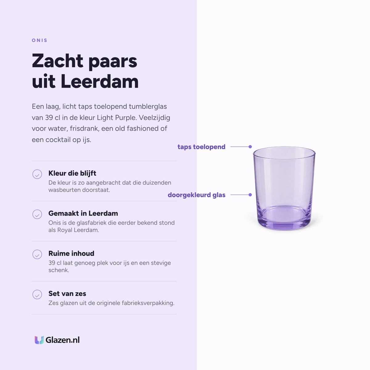Infographic met de eigenschappen van Onis Cidra Old Fashioned Glas 39 cl Light Purple - 6 Stuks