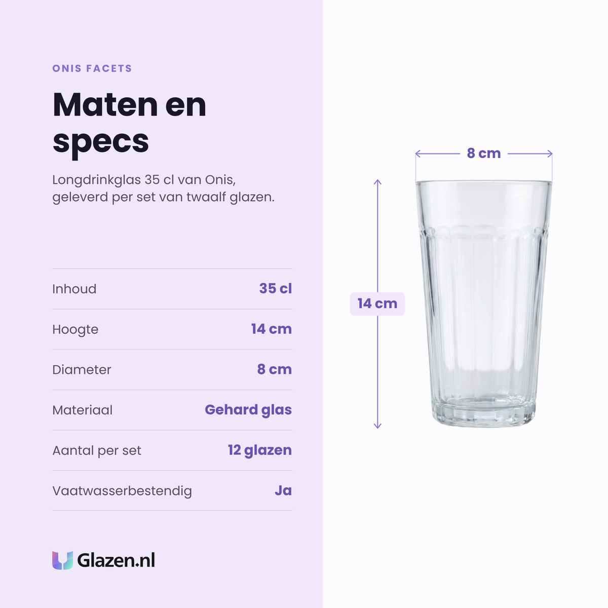 Onis Facets longdrinkglas 35 cl specificaties: inhoud 35 cl, hoogte 14 cm, diameter 8 cm, gehard glas, set van 12