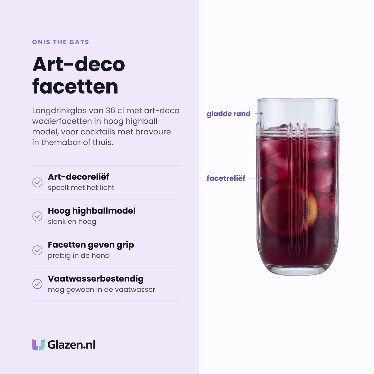 Onis The Gats longdrinkglas 36 cl eigenschappen: art-decoreliëf, hoog highballmodel, facetten geven grip, vaatwasserbestendig