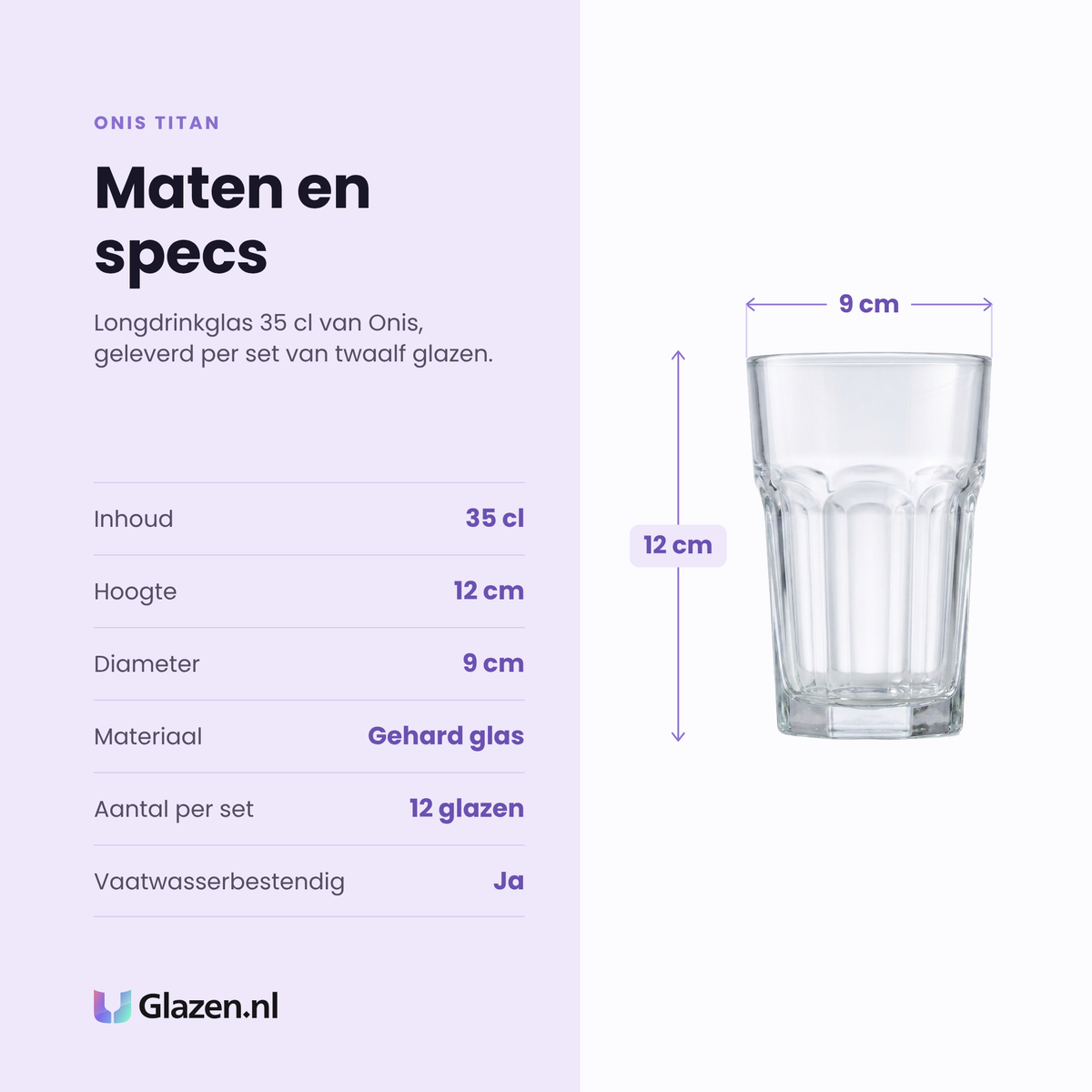 Onis Titan longdrinkglas 35 cl specificaties: inhoud 35 cl, hoogte 12 cm, diameter 9 cm, gehard glas, set van 12