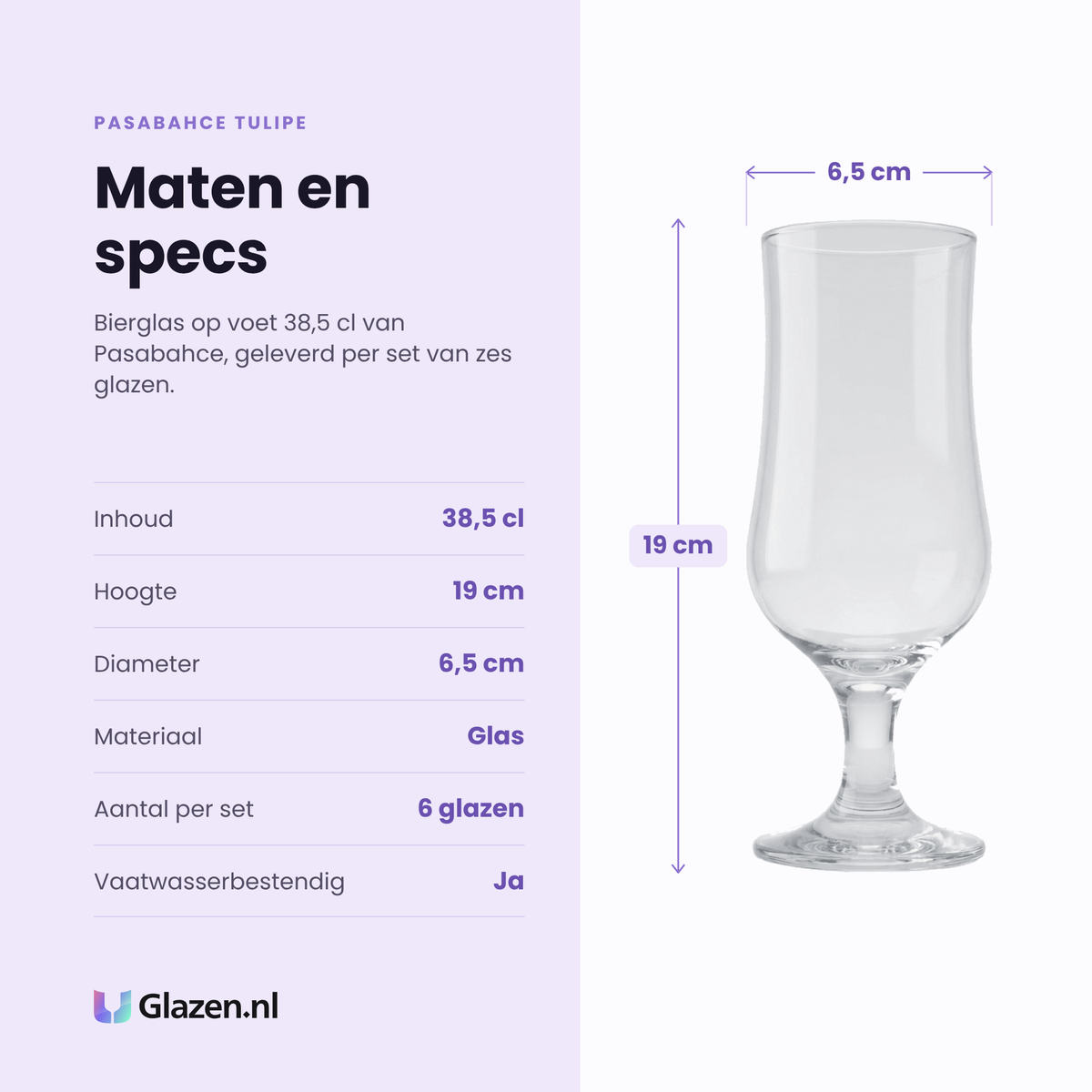 Pasabahce Tulipe bierglas op voet 38,5 cl specificaties: inhoud 38,5 cl, hoogte 19 cm, diameter 6,5 cm, glas, set van 6