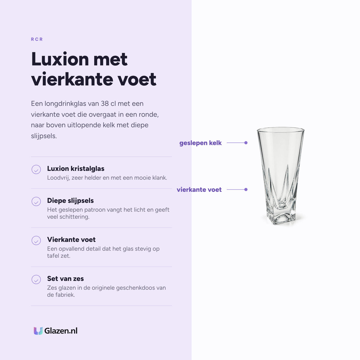 Infographic met de eigenschappen van RCR Fusion Longdrinkglas 38 cl Transparant - 6 Stuks
