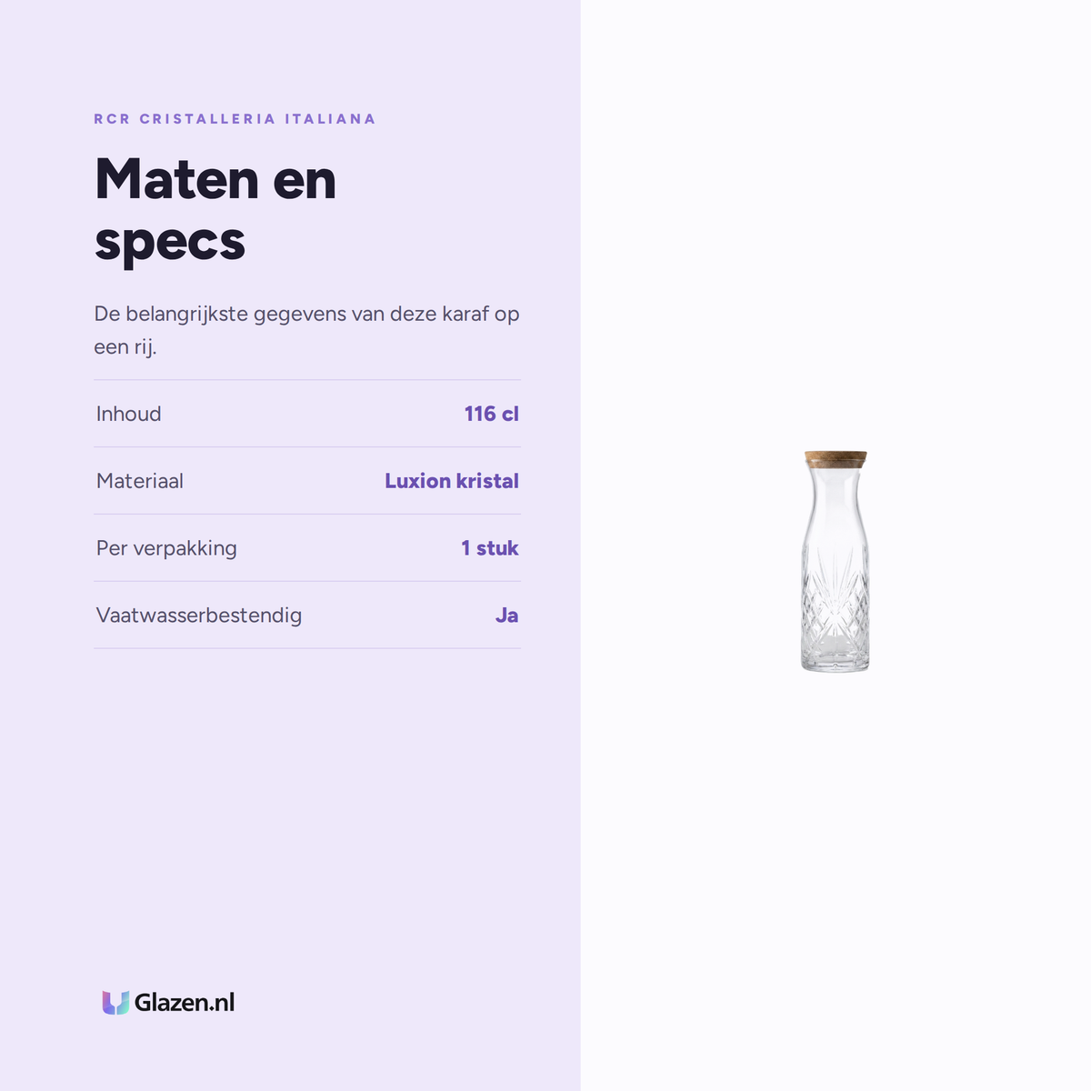 Maten en specs van de RCR Melodia Karaf 1,16 Liter Met Dop