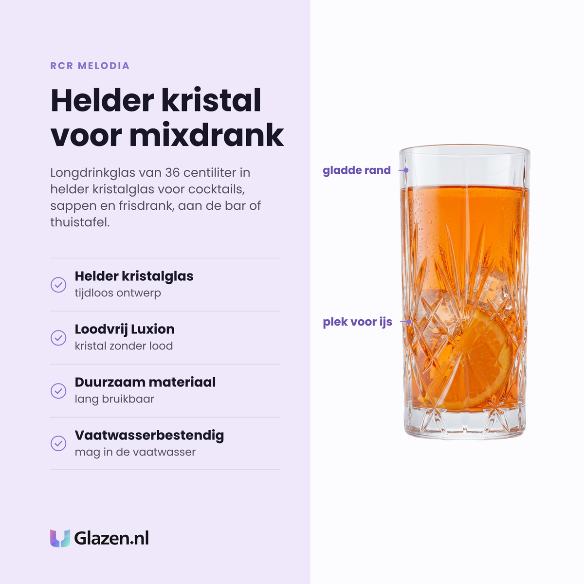 RCR Melodia longdrinkglas 36 cl eigenschappen: helder kristalglas, tijdloos ontwerp, loodvrij Luxion-kristal, vaatwasserbestendig