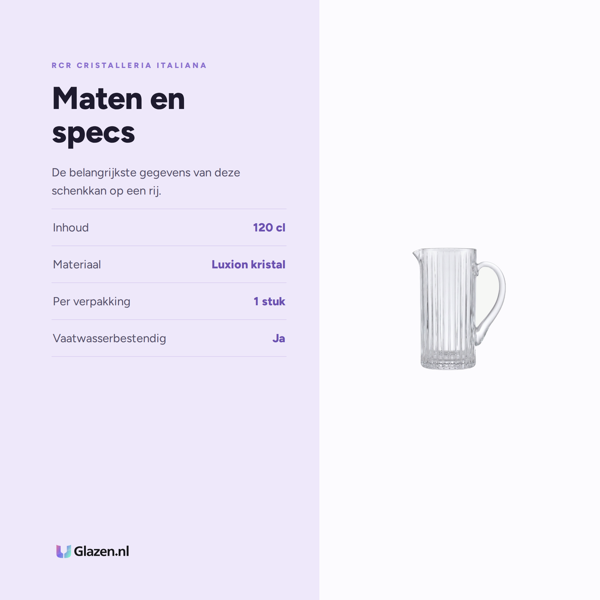 Maten en specs van de RCR Timeless Schenkkan 1,2 L