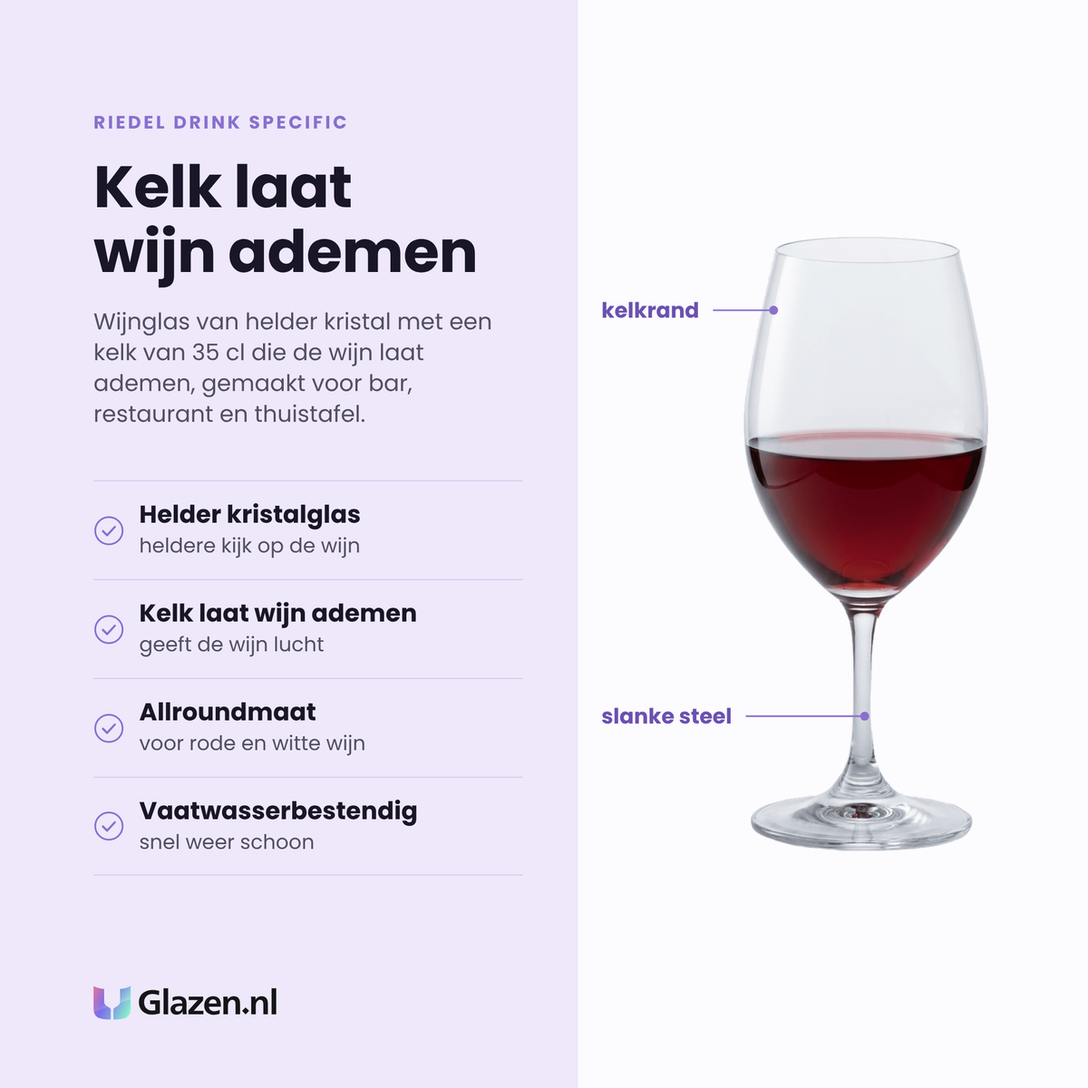 Riedel Drink Specific wijnglas 35 cl eigenschappen: helder kristalglas, kelk laat de wijn ademen, allroundmaat voor rode en witte wijn, vaatwasserbestendig