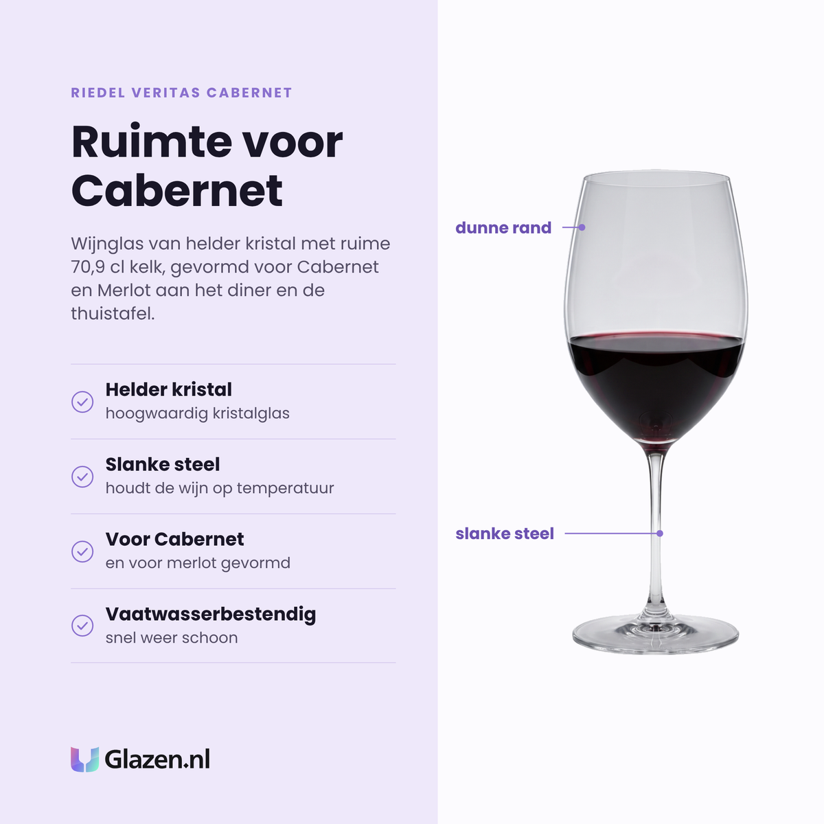 Riedel Veritas Cabernet wijnglas 70,9 cl eigenschappen: helder kristalglas, slanke steel, gevormd voor cabernet en merlot, vaatwasserbestendig