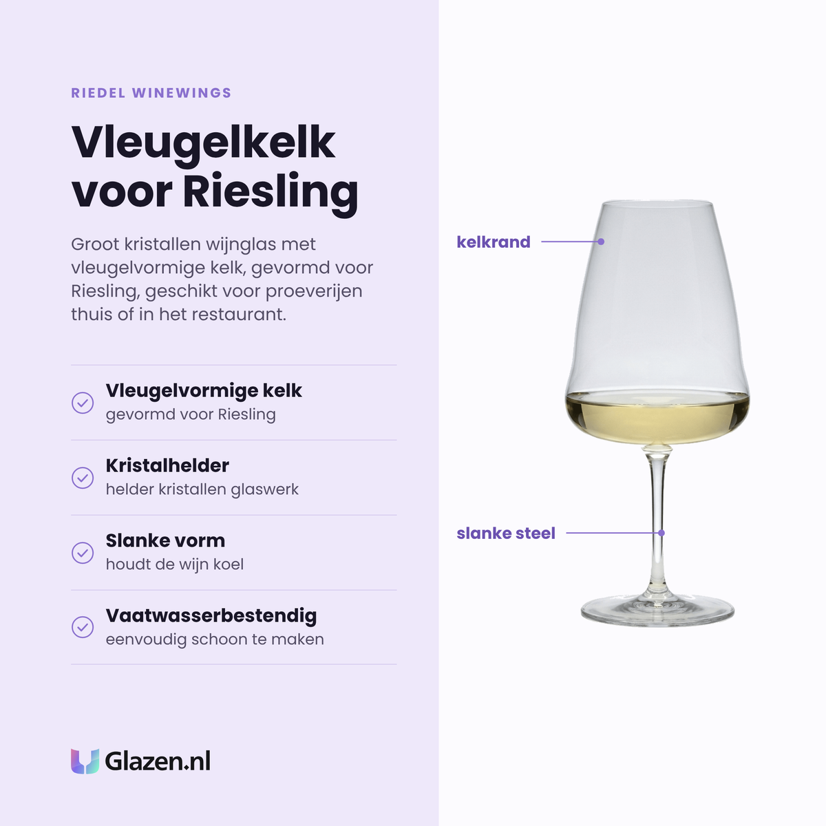 Riedel Winewings wijnglas 101,7 cl eigenschappen: vleugelvormige kelk voor Riesling, kristalhelder glaswerk, slanke vorm, vaatwasserbestendig