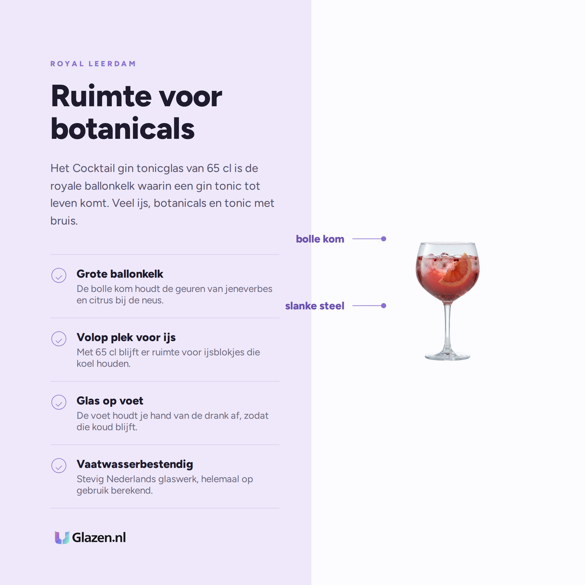 Infographic met de eigenschappen van Royal Leerdam Cocktail Gin Tonicglas Cocktail 65 Cl - 4 Stuks