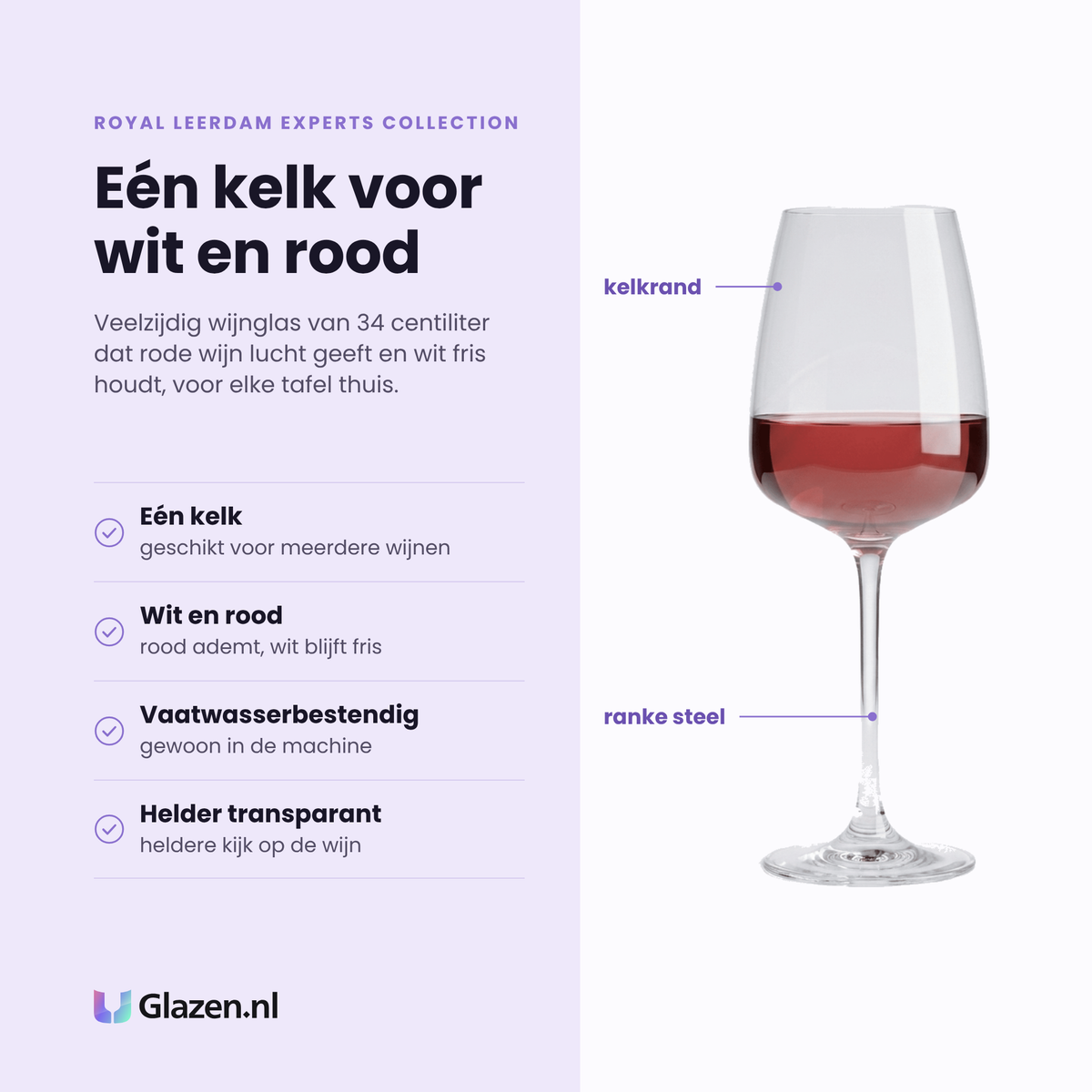 Royal Leerdam Experts Collection wijnglas 34 cl eigenschappen: een kelk voor meerdere wijnen, geschikt voor wit en rood, vaatwasserbestendig, helder transparant glas