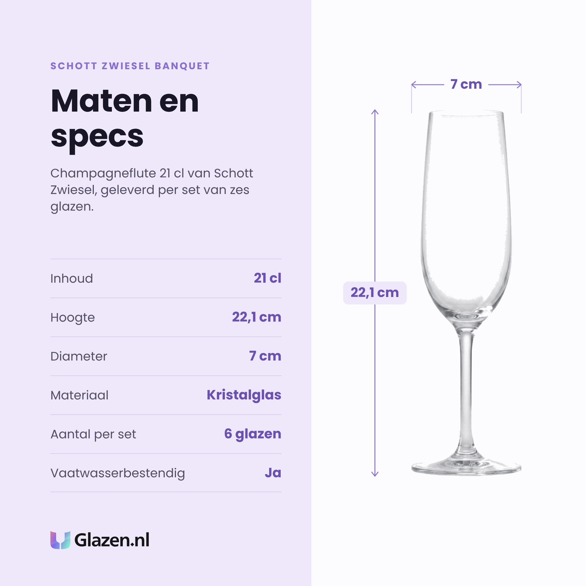 Schott Zwiesel Banquet champagneflute 21 cl specificaties: inhoud 21 cl, hoogte 22,1 cm, diameter 7 cm, kristalglas, set van 6