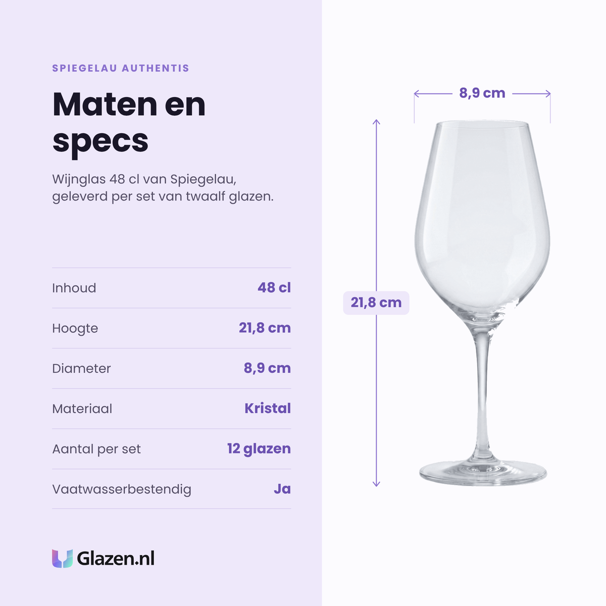Spiegelau Authentis wijnglas 48 cl specificaties: inhoud 48 cl, hoogte 21,8 cm, diameter 8,9 cm, kristal, set van 12