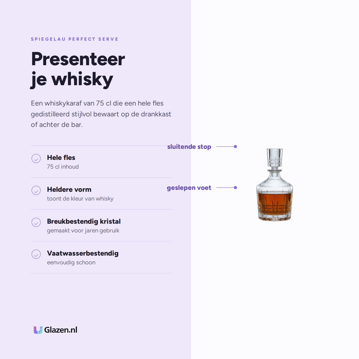 Spiegelau Perfect Serve Collection Whisky Decanteerkaraf 75 Cl eigenschappen: hele fles, heldere vorm, breukbestendig kristal, vaatwasserbestendig
