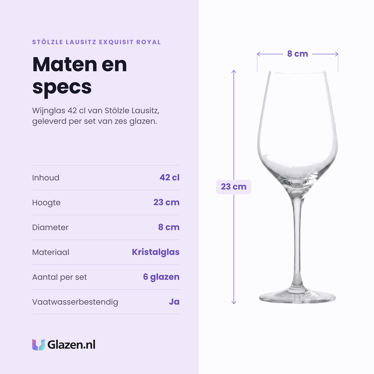 Stölzle Lausitz Exquisit Royal wijnglas 42 cl specificaties: inhoud 42 cl, hoogte 23 cm, diameter 8 cm, kristalglas, set van 6