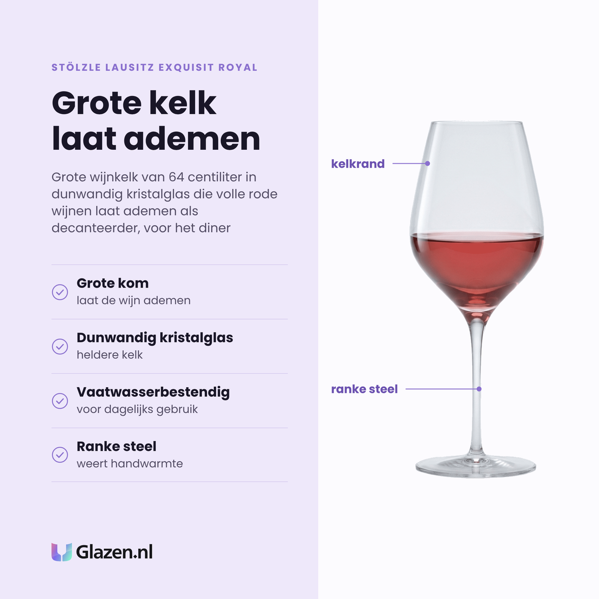 Stölzle Lausitz Exquisit Royal wijnglas 64 cl eigenschappen: grote kom laat de wijn ademen, dunwandig kristalglas, vaatwasserbestendig, ranke steel