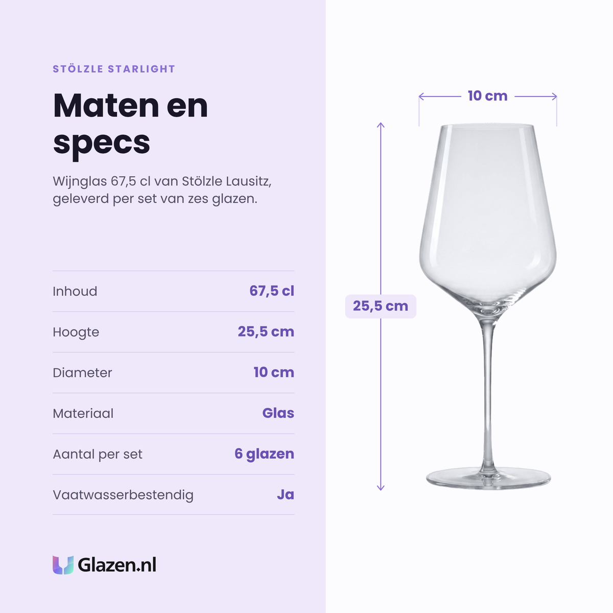Stölzle Lausitz Starlight wijnglas 67,5 cl specificaties: inhoud 67,5 cl, hoogte 25,5 cm, diameter 10 cm, glas, set van 6