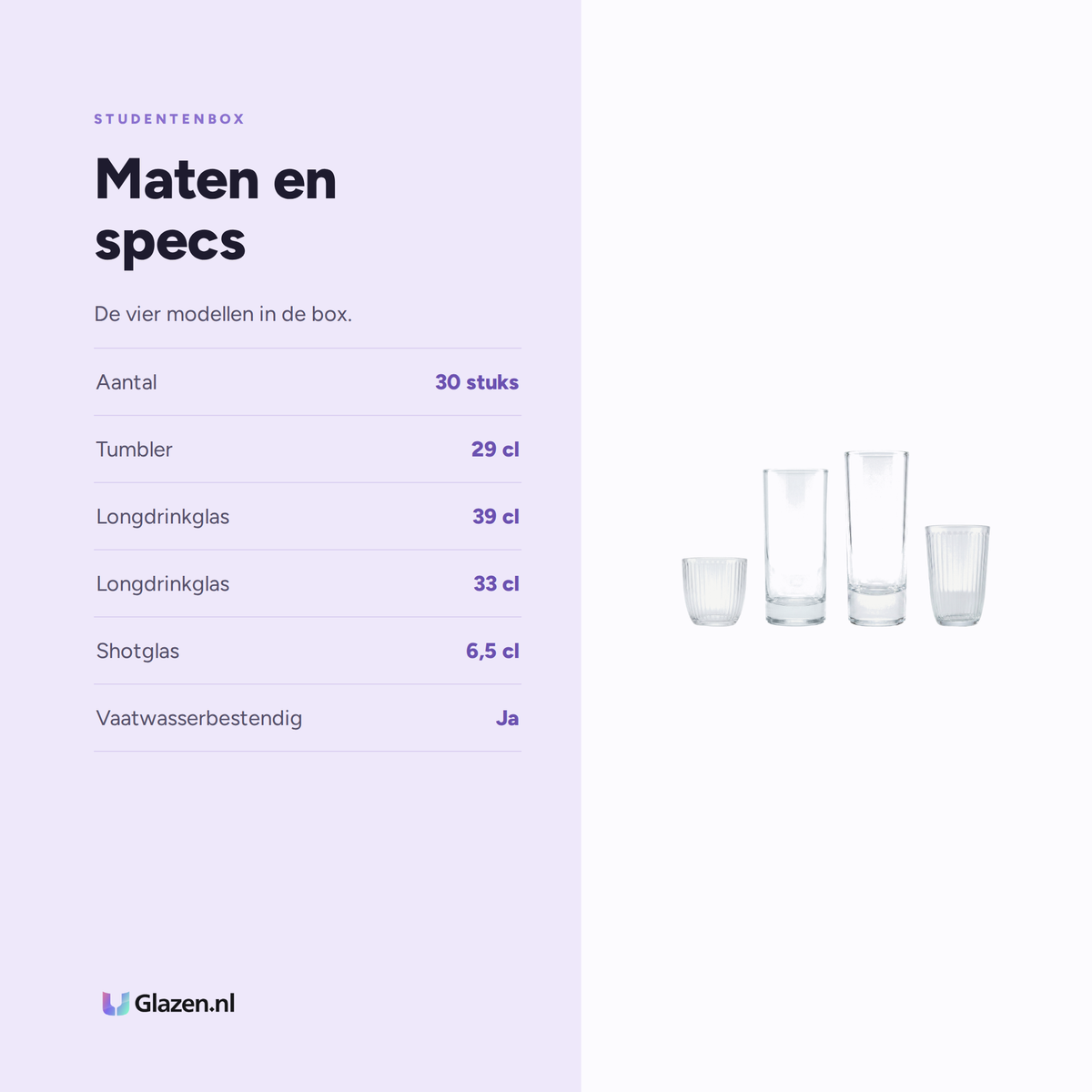 Studentenbox 30-Delig (Tumblers, Longdrinks, Shotglazen & Bierglazen) maten en specs