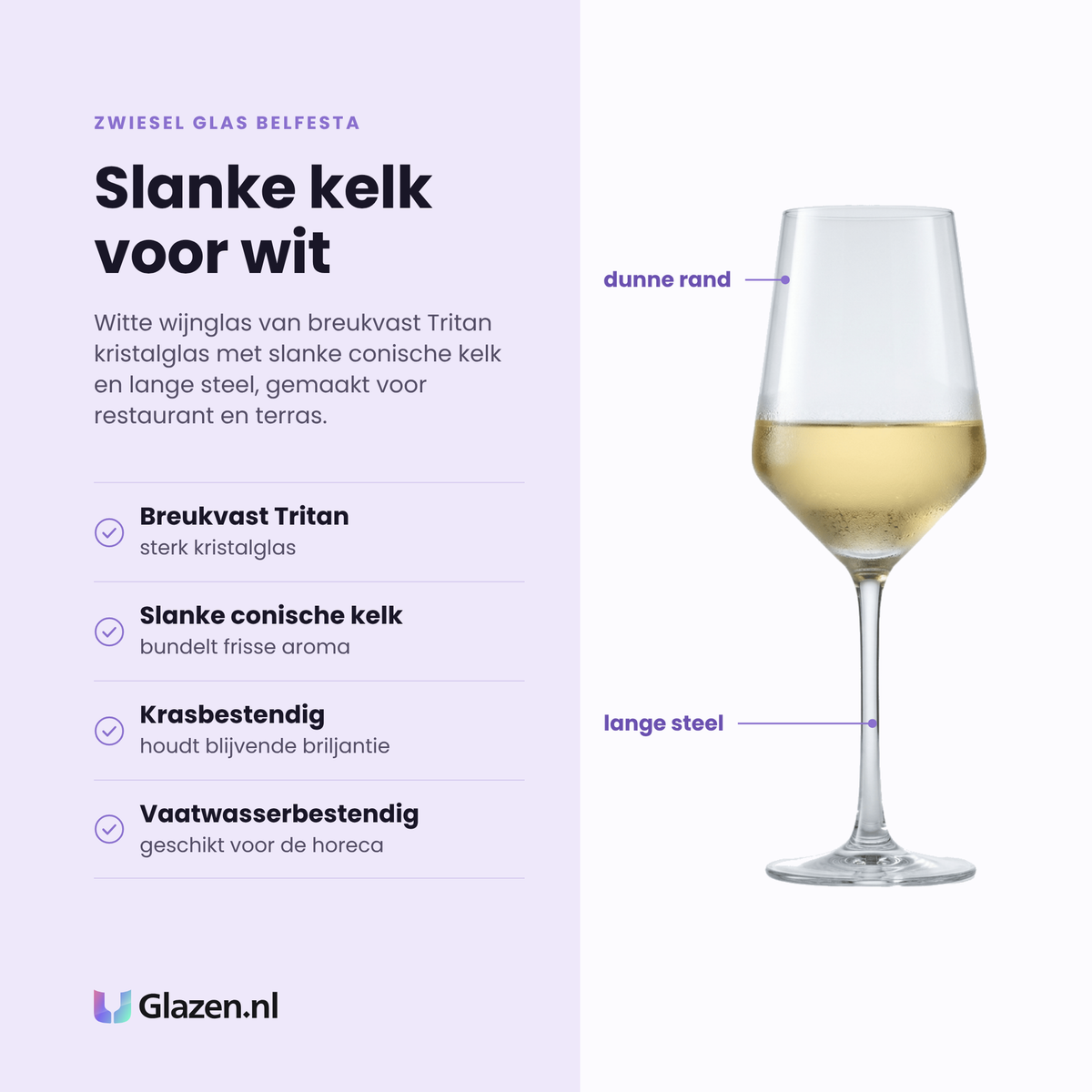 Zwiesel Glas Belfesta witte wijnglas 41 cl eigenschappen: breukvast Tritan kristalglas, slanke conische kelk, krasbestendig, vaatwasserbestendig