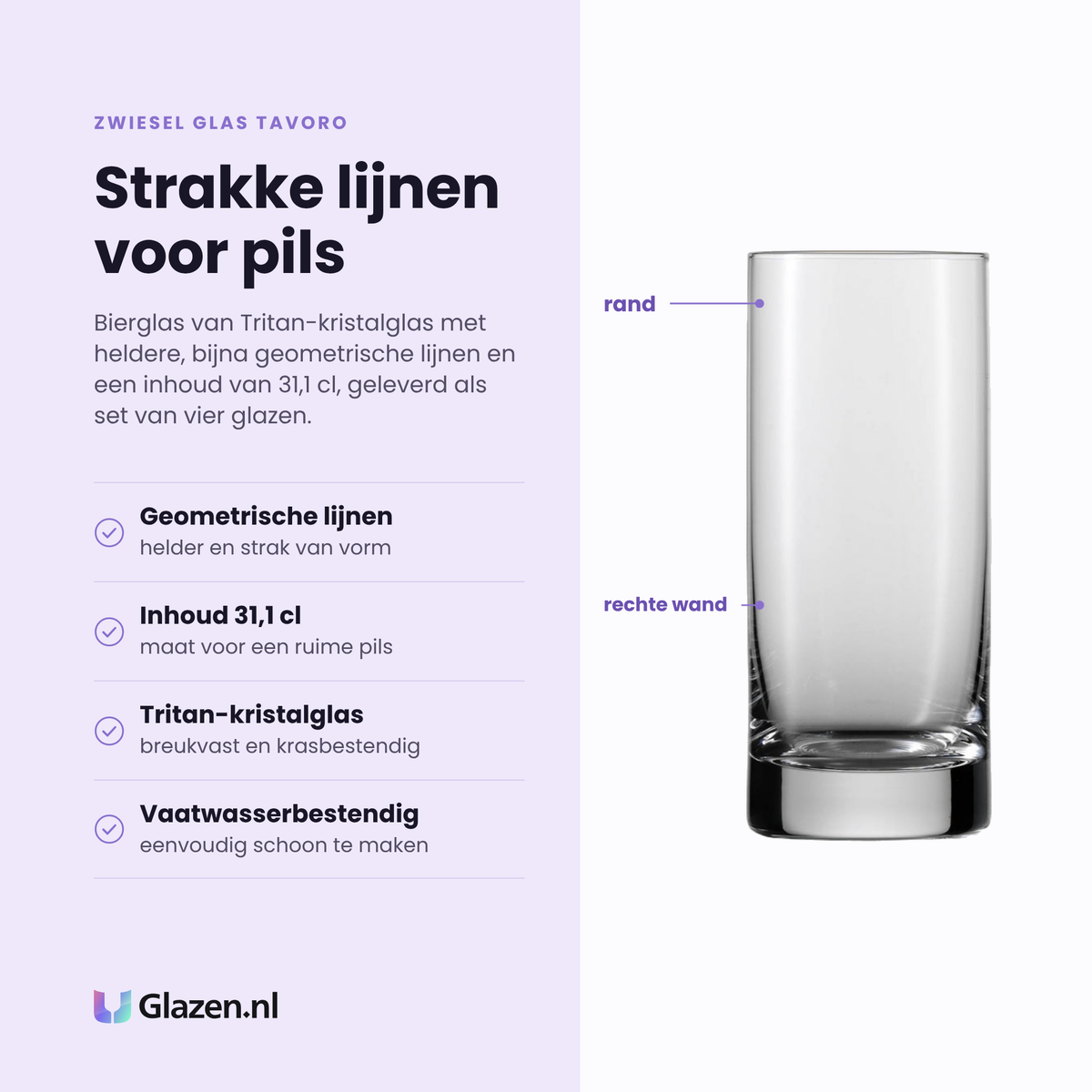 Zwiesel Glas Tavoro bierglas 31,1 cl eigenschappen: tritan-kristalglas, strakke geometrische lijnen, breukvast en krasbestendig, vaatwasserbestendig