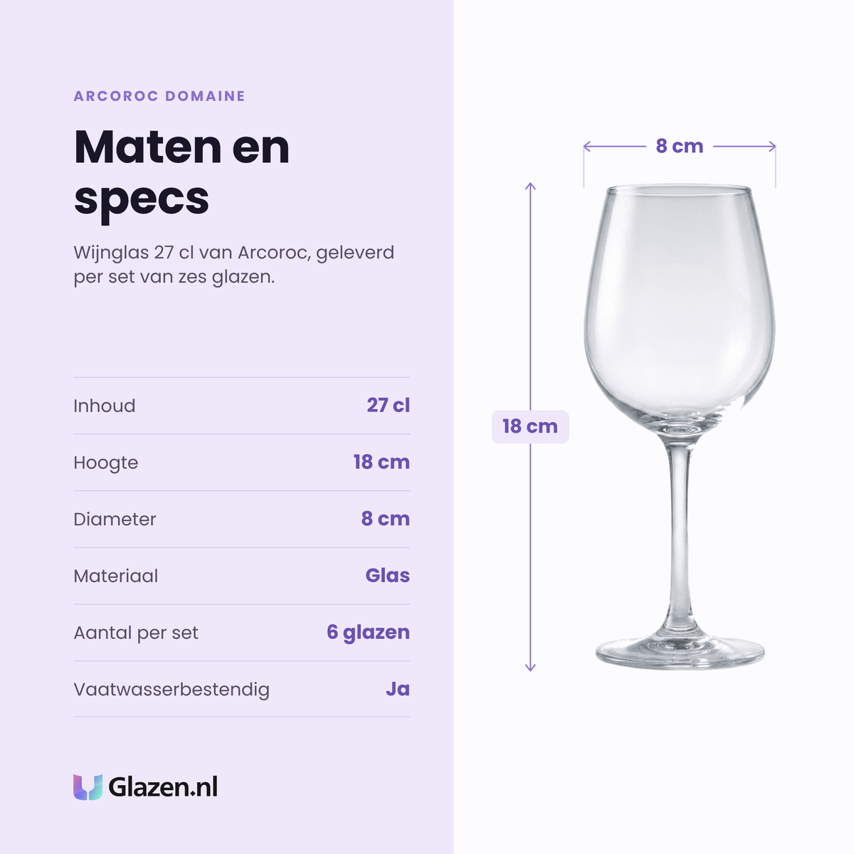 Arcoroc Domaine wijnglas 27 cl specificaties: inhoud 27 cl, hoogte 18 cm, diameter 8 cm, glas, set van 6