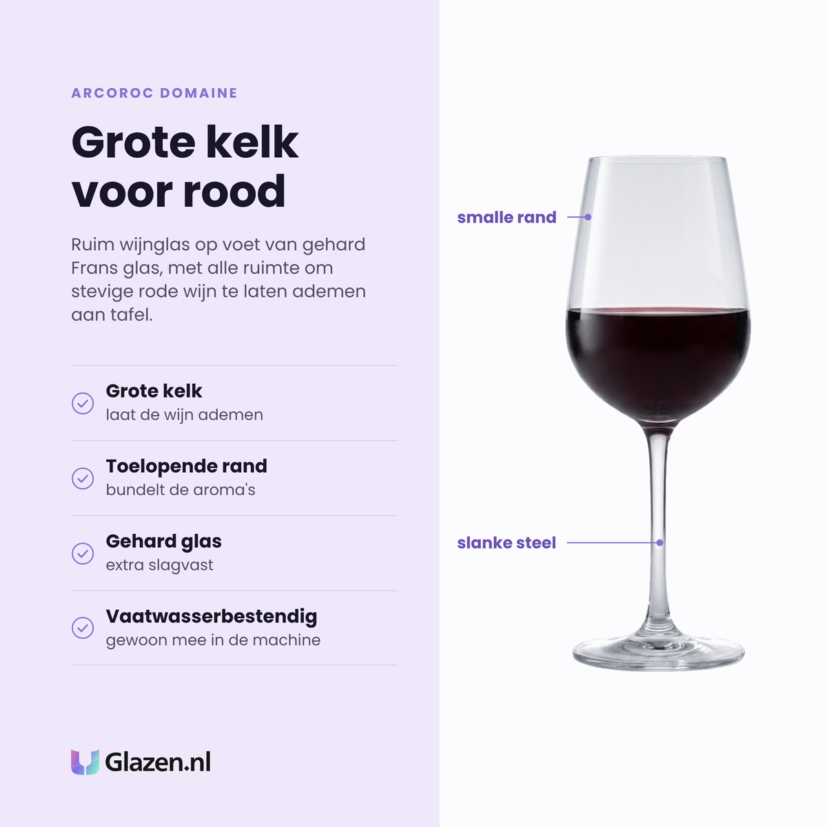 Arcoroc Domaine wijnglas 47 cl eigenschappen: grote kelk, toelopende rand, gehard glas, vaatwasserbestendig