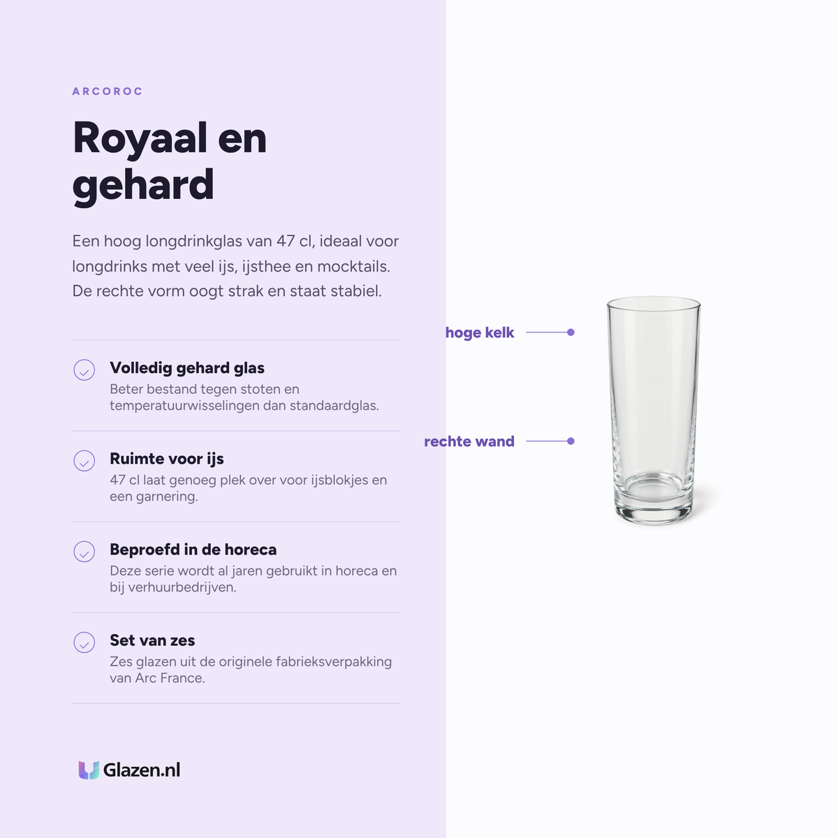 Infographic met de eigenschappen van Arcoroc Princesa Longdrinkglas 47 cl Transparant - 6 Stuks
