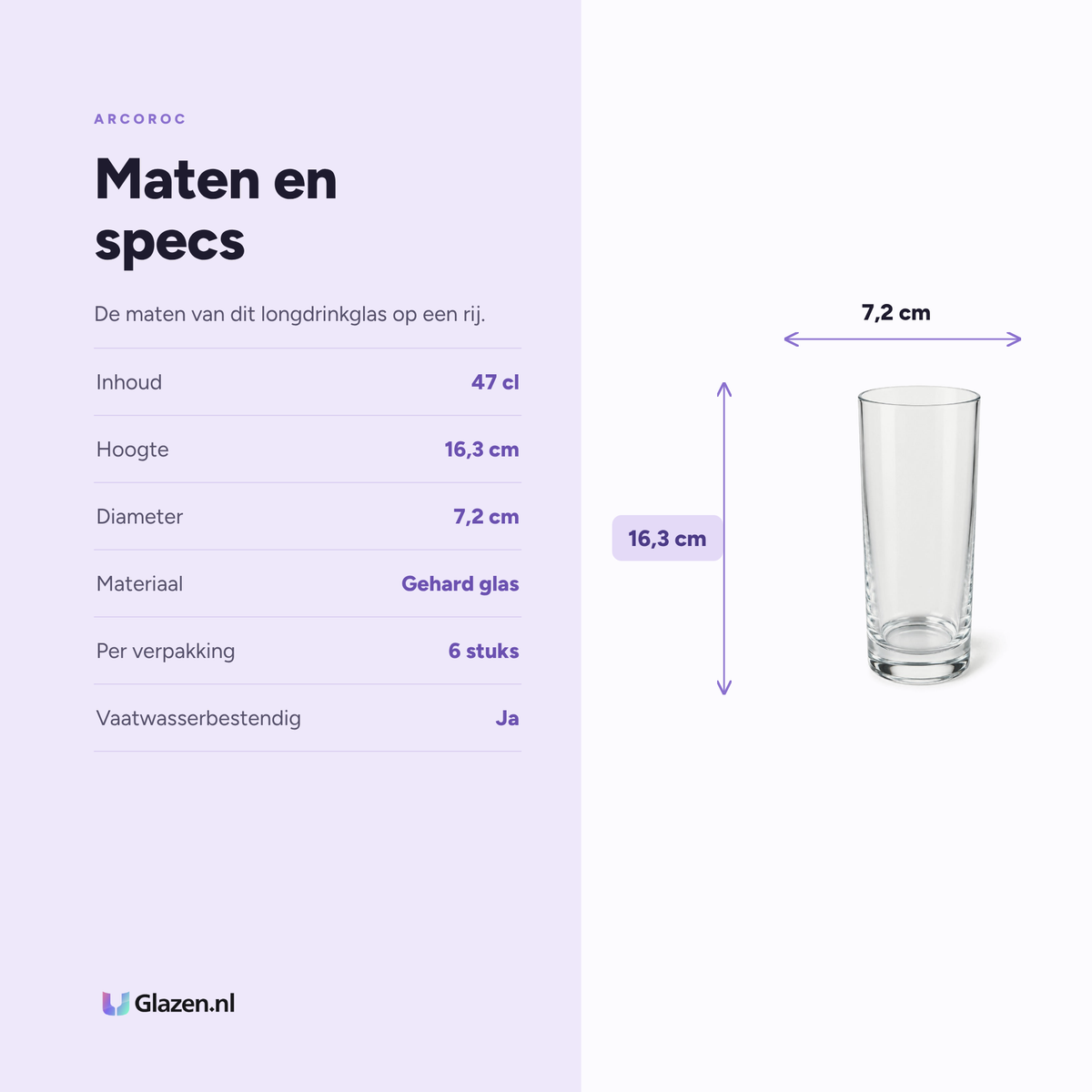 Maten en specificaties van Arcoroc Princesa Longdrinkglas 47 cl Transparant - 6 Stuks