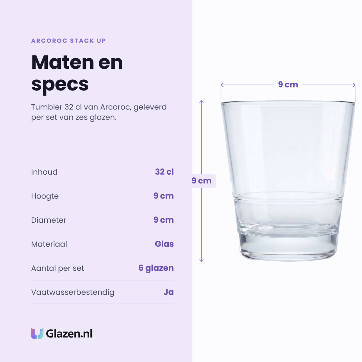 Arcoroc Stack Up tumbler 32 cl specificaties: inhoud 32 cl, hoogte 9 cm, diameter 9 cm, glas, set van 6
