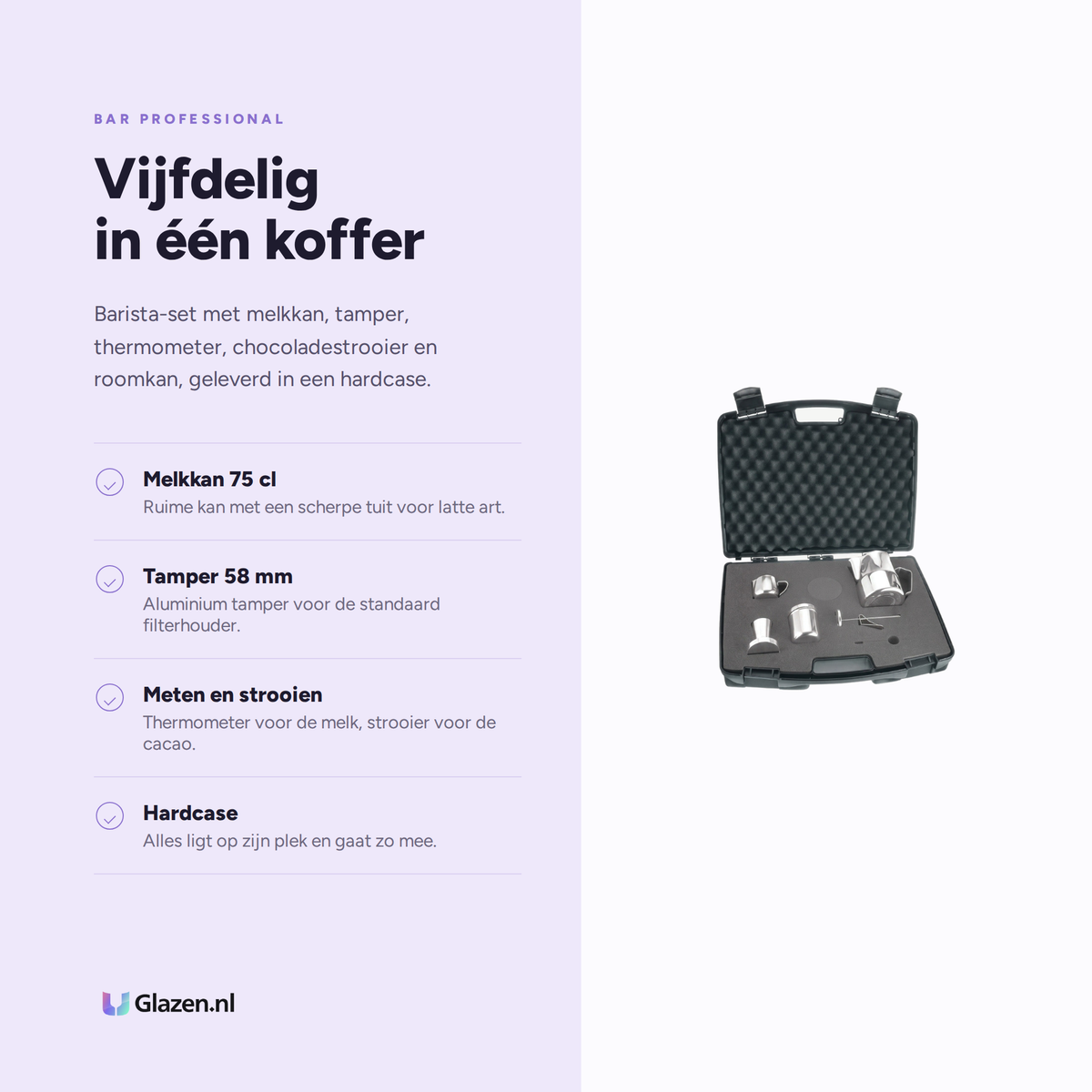 Infographic met de eigenschappen van Bar Professional Barista Kit 5-Delig