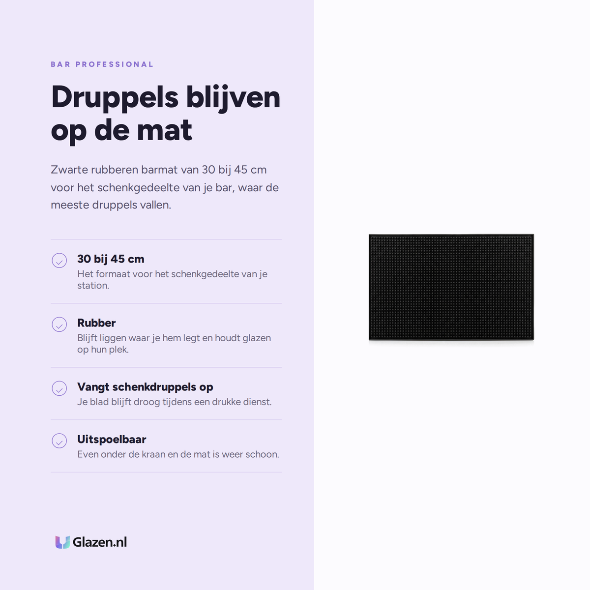 Infographic met de eigenschappen van Bar Professional Barmat Rubber Zwart 30x45 cm