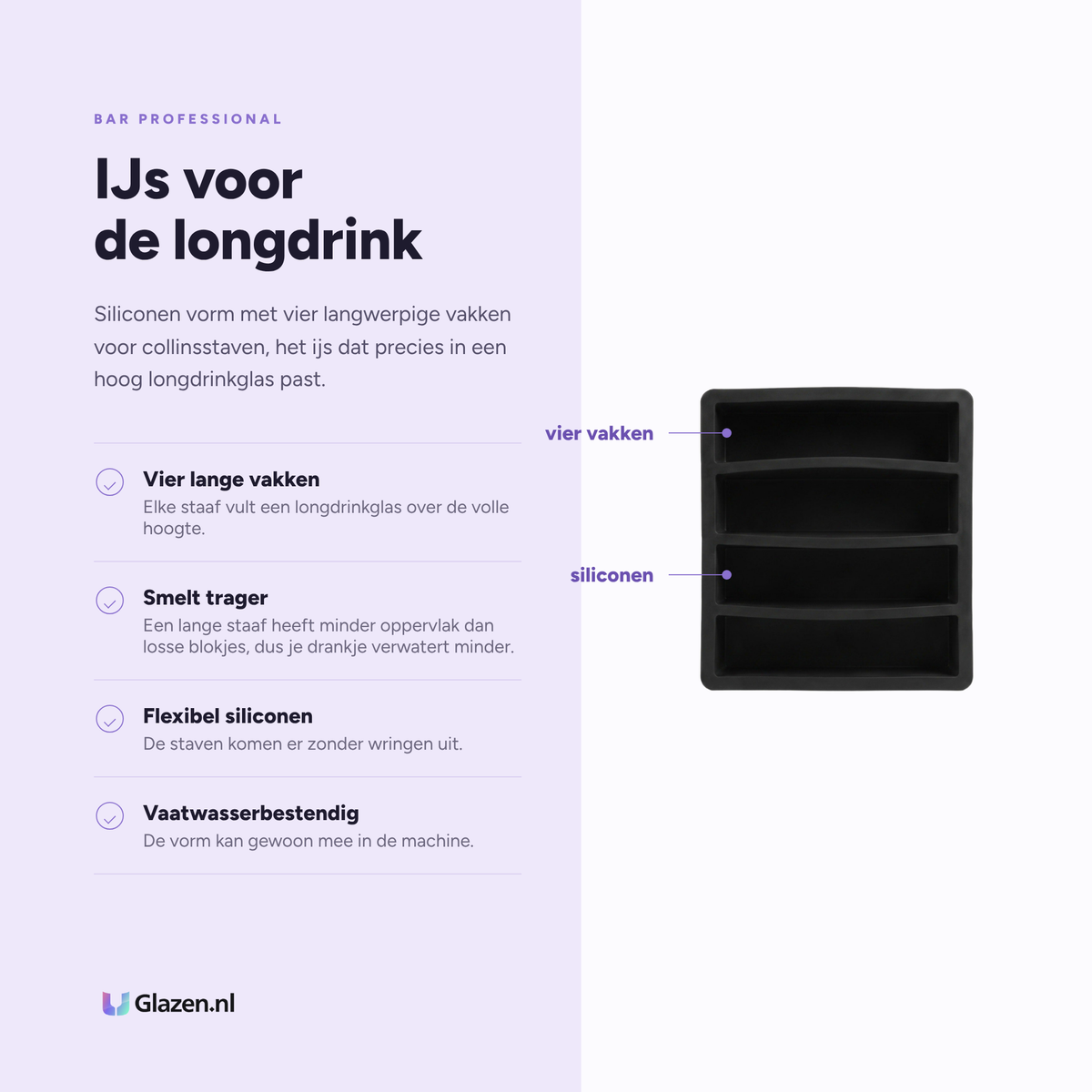 Bar Professional Collins IJsblokjesvorm 4 Vakjes Zwart eigenschappen: vier lange vakken, smelt trager, flexibel siliconen, vaatwasserbestendig
