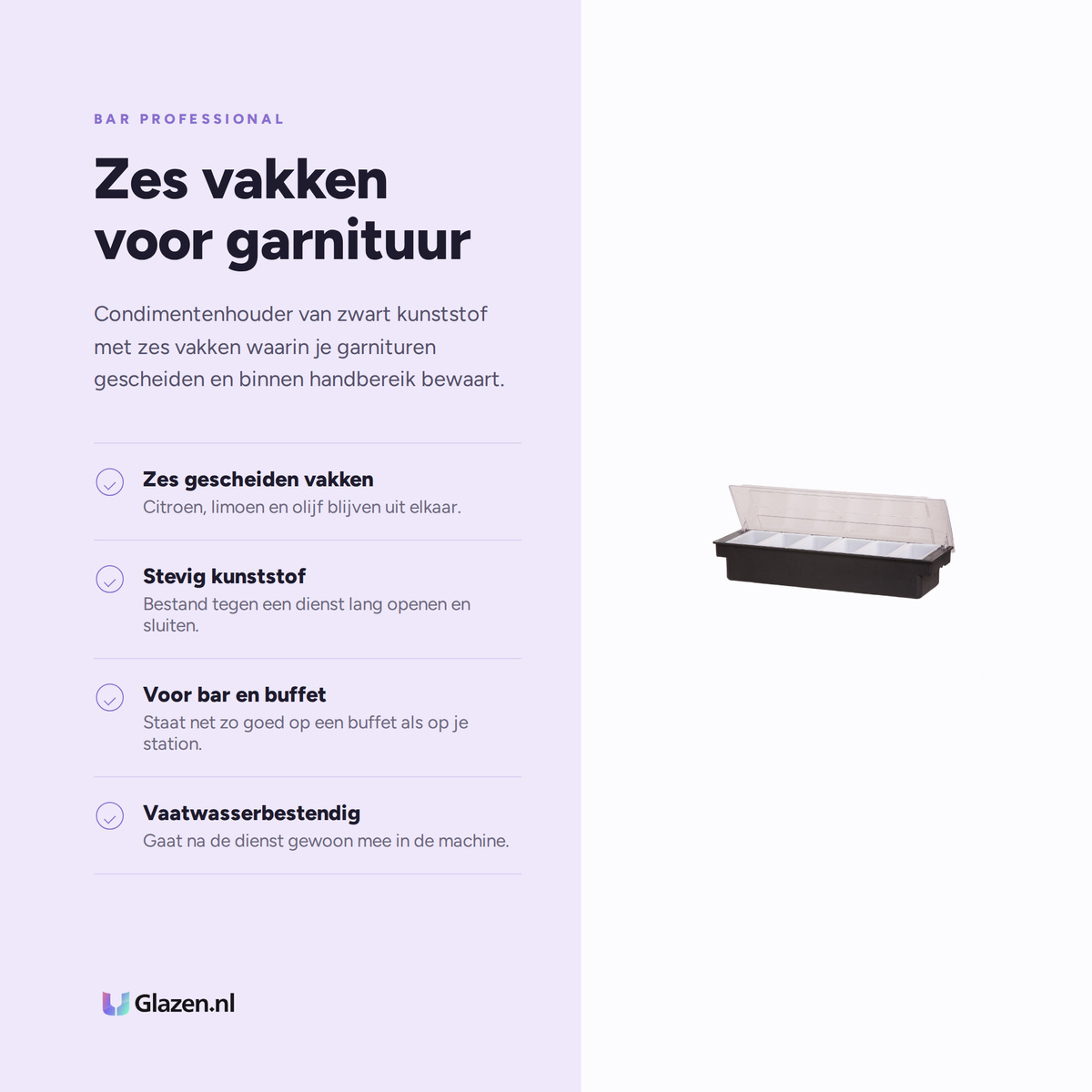 Infographic met de eigenschappen van Bar Professional Condimentenhouder 6-vaks Zwart