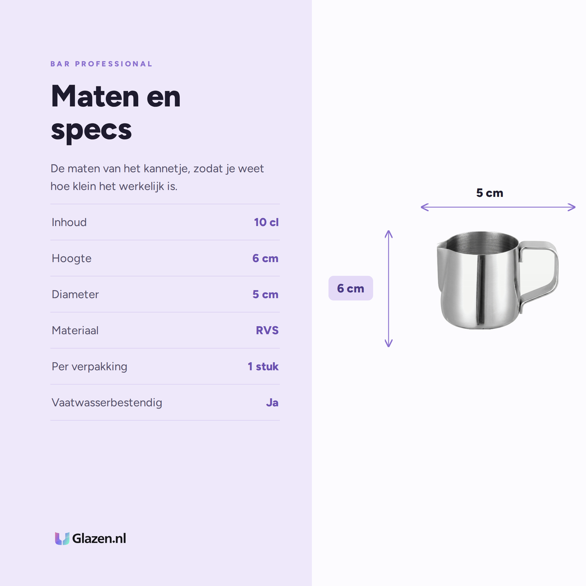 Maten en specs van de Bar Professional Espresso Melkkan RVS 10 Cl
