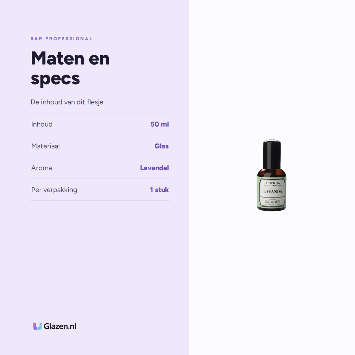 Infographic met de maten en specificaties van Bar Professional Essentia Aroma Lavendel 50 ml