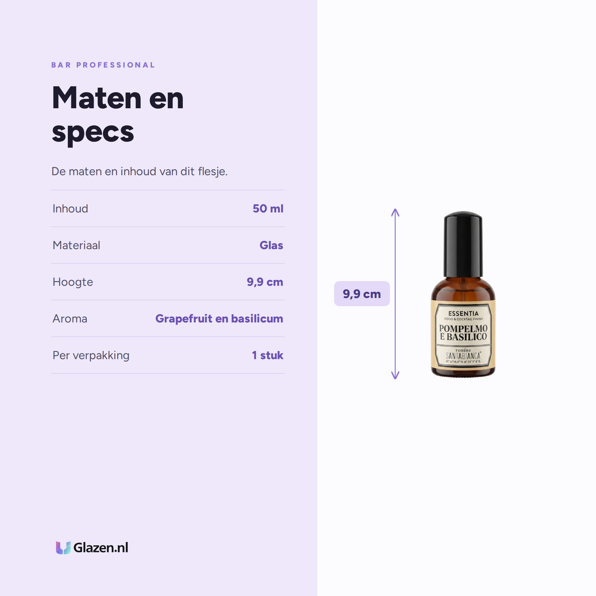 Infographic met de maten en specificaties van Bar Professional Essentia Grapefruit Basilicum Aroma Spray 50 Ml