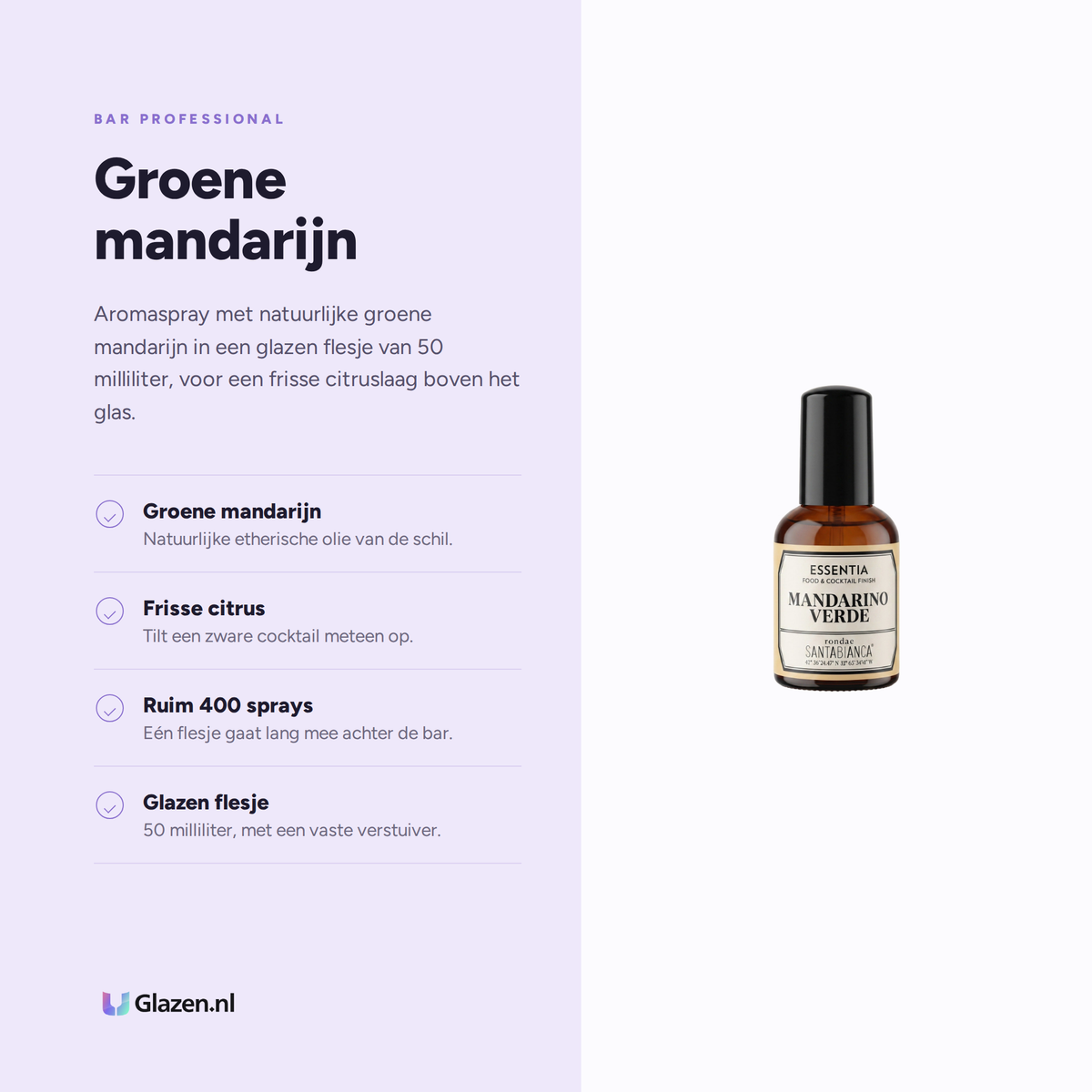 Infographic met de eigenschappen van Bar Professional Essentia Green Mandarin Aroma 50 ml