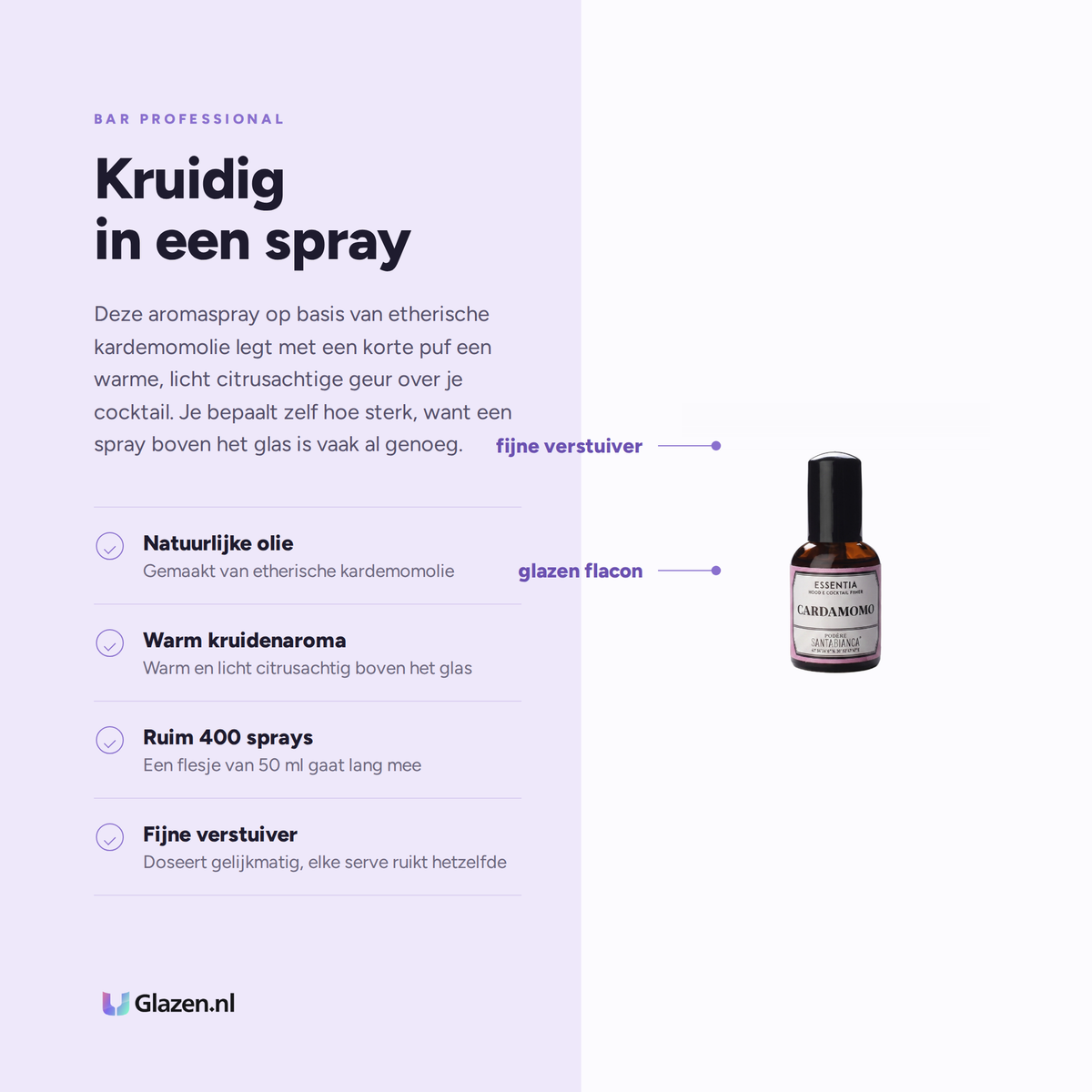 Eigenschappen van de Bar Professional Essentia Kardemom aromaspray van 50 ml