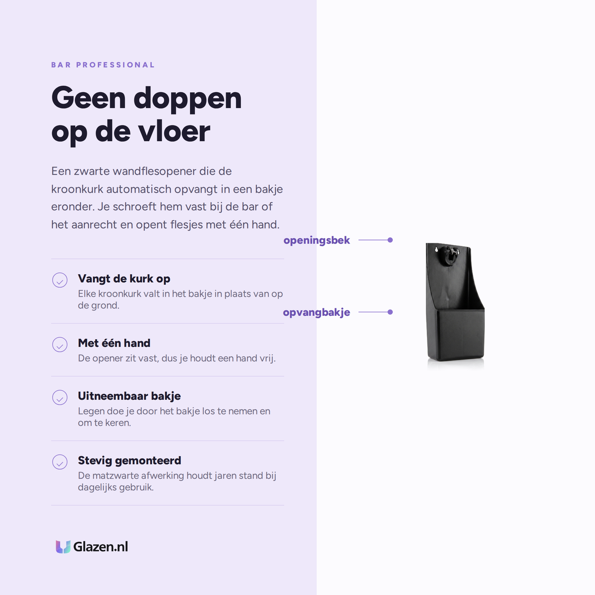 Eigenschappen van Bar Professional Flesopener met Dopopvang Zwart