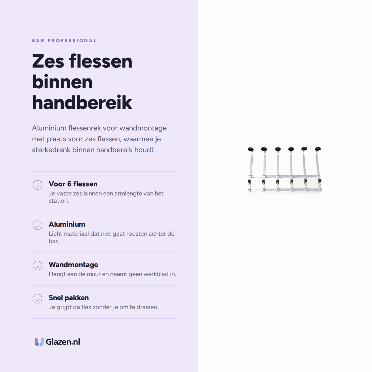 Infographic met de eigenschappen van Bar Professional Flessenrek Wandmontage 6 Flessen