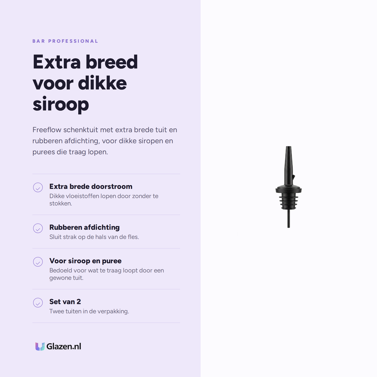 Infographic met de eigenschappen van Bar Professional Freeflow Schenktuit Extra Breed Zwart 2 Stuks