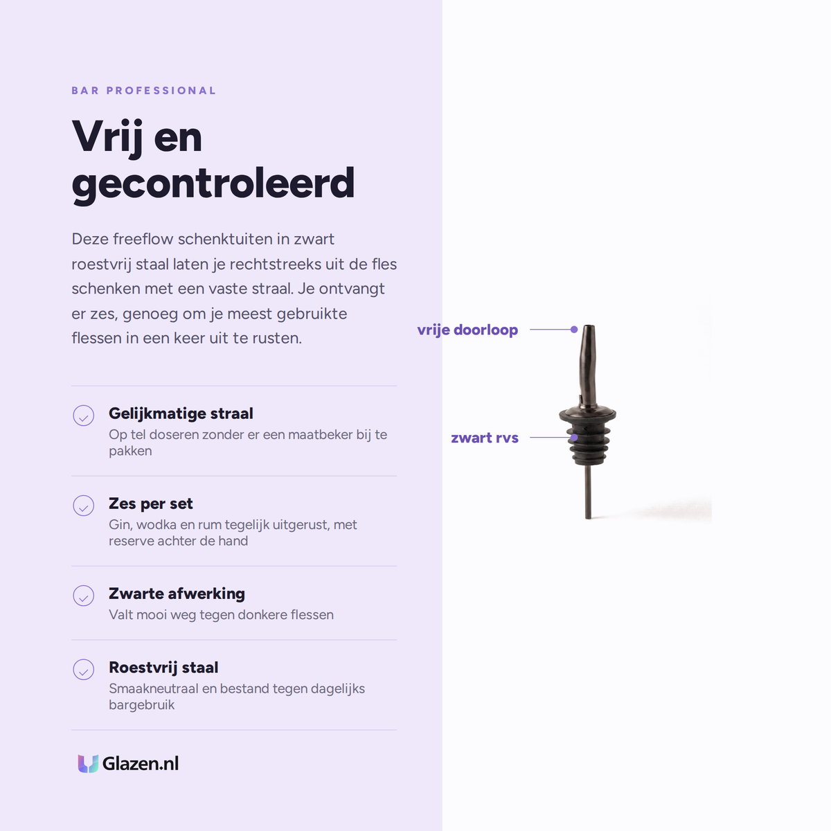 Eigenschappen van de Bar Professional freeflow schenktuit zwart rvs, 6 stuks