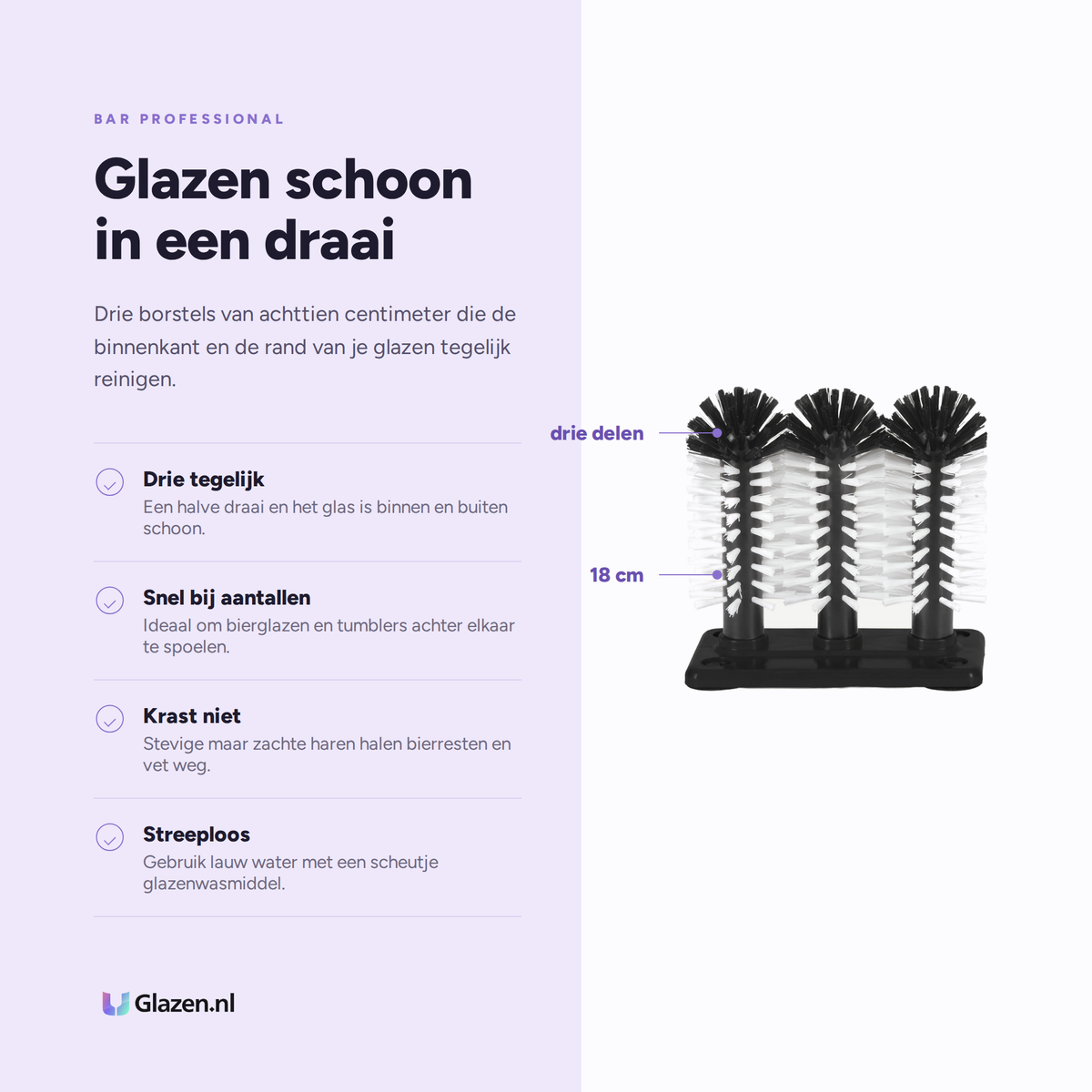 Infographic met de eigenschappen van Bar Professional Glazenborstel Set 3-Delig 18 cm