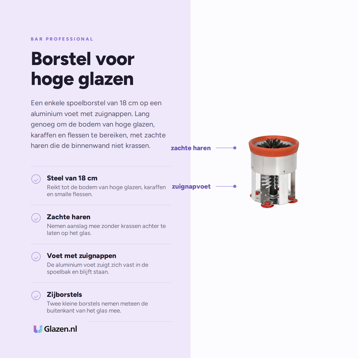 Infographic met de eigenschappen van Bar Professional Glazenspoelborstel 18 cm RVS