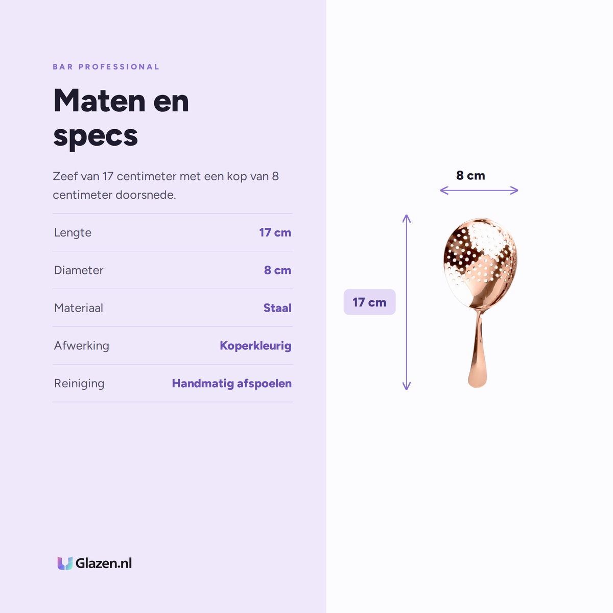Maten en specificaties van de julep zeef in koper van Bar Professional